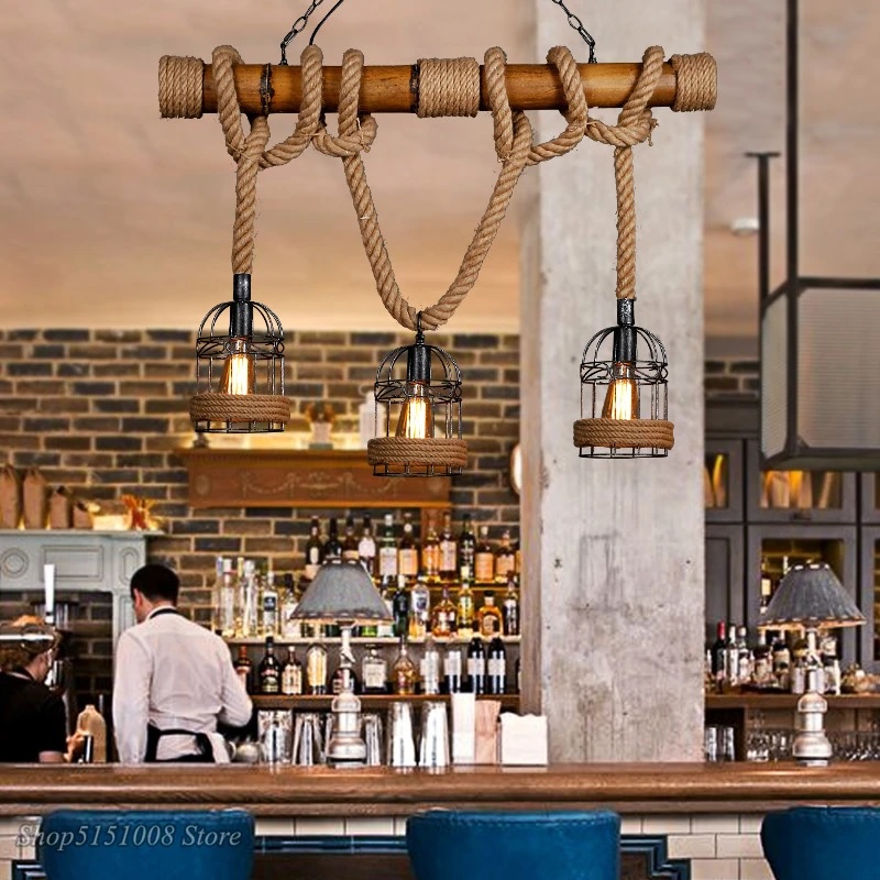 Đèn chùm gỗ treo thả dây gai lồng chim sắt kiểu dáng cổ điển LED E27*3 trang trí nhà hàng quán cafe khách sạn phong cách Bắc Âu TL-DC0351