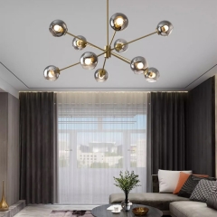 Đèn chùm thủy tinh cao cấp LED E27 10 bóng tròn chao màu xám khói trang trí phòng khách phòng ngủ phòng ăn kiểu dáng Bắc Âu hiện đại D120cm TL-DC368