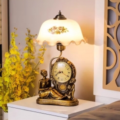 Đèn để bàn cổ điển mạ đồng gắn đồng hồ cao cấp trang trí phòng ngủ biệt thự khách sạn phong cách Châu Âu TL-DB-YN8012