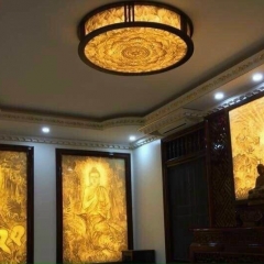 Đèn LED ốp trần viền gỗ mặt tròn cao cấp trang trí phòng thờ phong cách Trung Hoa cổ điển TL-PT3330