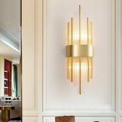 Đèn ốp tường pha lê cao cấp trang trí phòng khách phòng ngủ cầu thang trong nhà phong cách Châu Âu hiện đại bóng LED E14*2 D20cmxH60cm màu Gold TL-DT-PL807