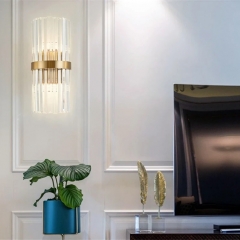 Đèn ốp tường pha lê cao cấp trang trí phòng khách phòng ngủ phòng ăn hành lang trong nhà phong cách Châu Âu hiện đại bóng LED E14*2 D20cmxH45cm màu Gold TL-DT-PL808